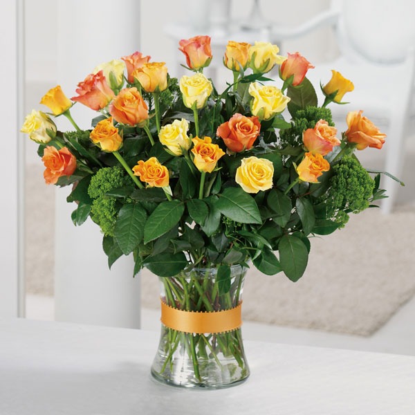 Sunlit Roses 2 Dozen Orange and Yellow Rose Vase
