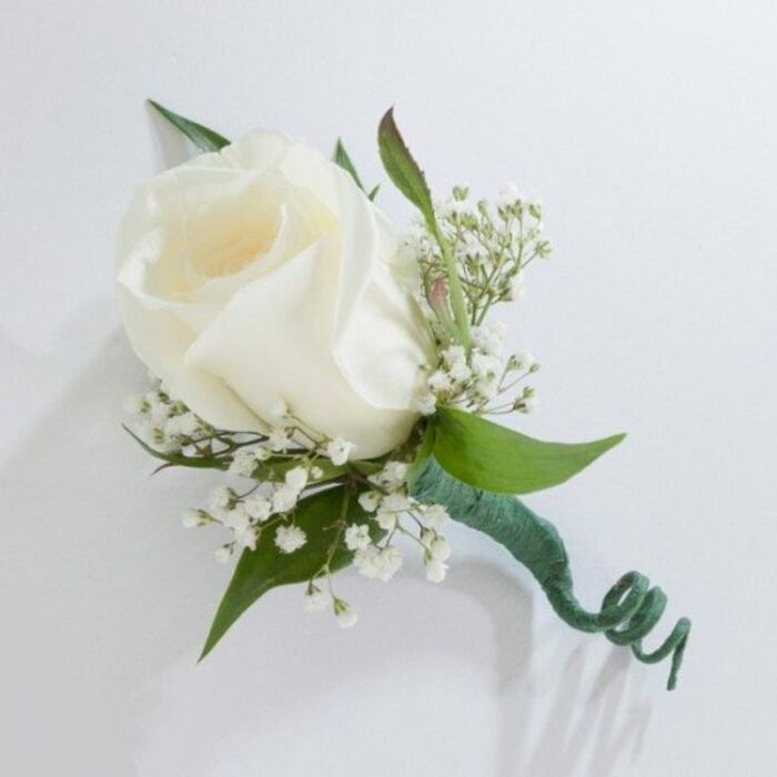 White Rose Boutonniere with babies breath & greens